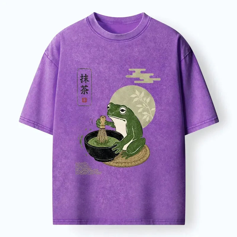 Kyoto-Lion Funny Meme Frog Makes Fresh Matcha Bowl Washed T-Shirt