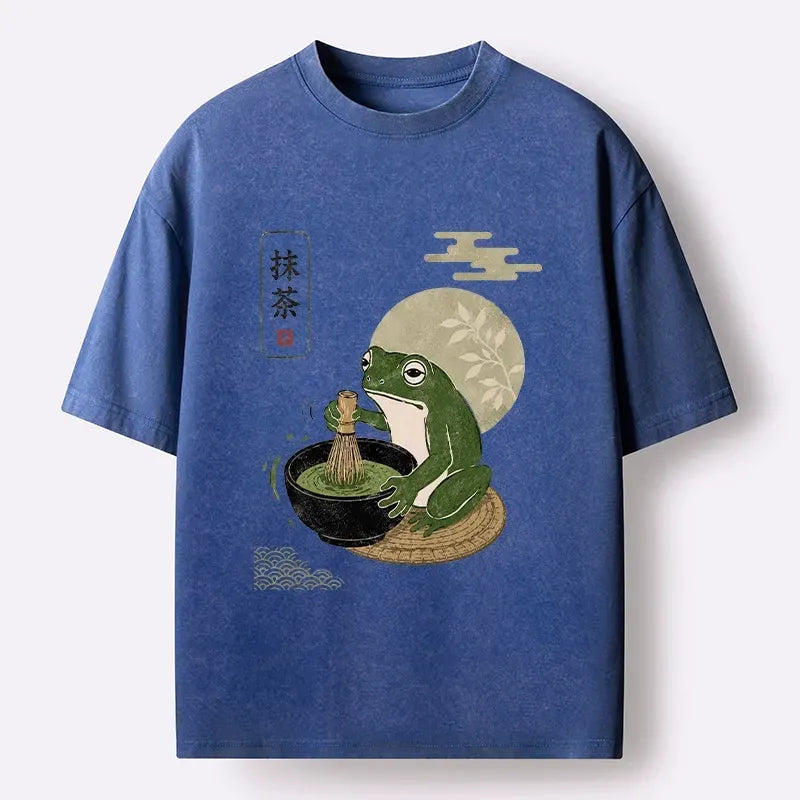 Kyoto-Lion Funny Meme Frog Makes Fresh Matcha Bowl Washed T-Shirt