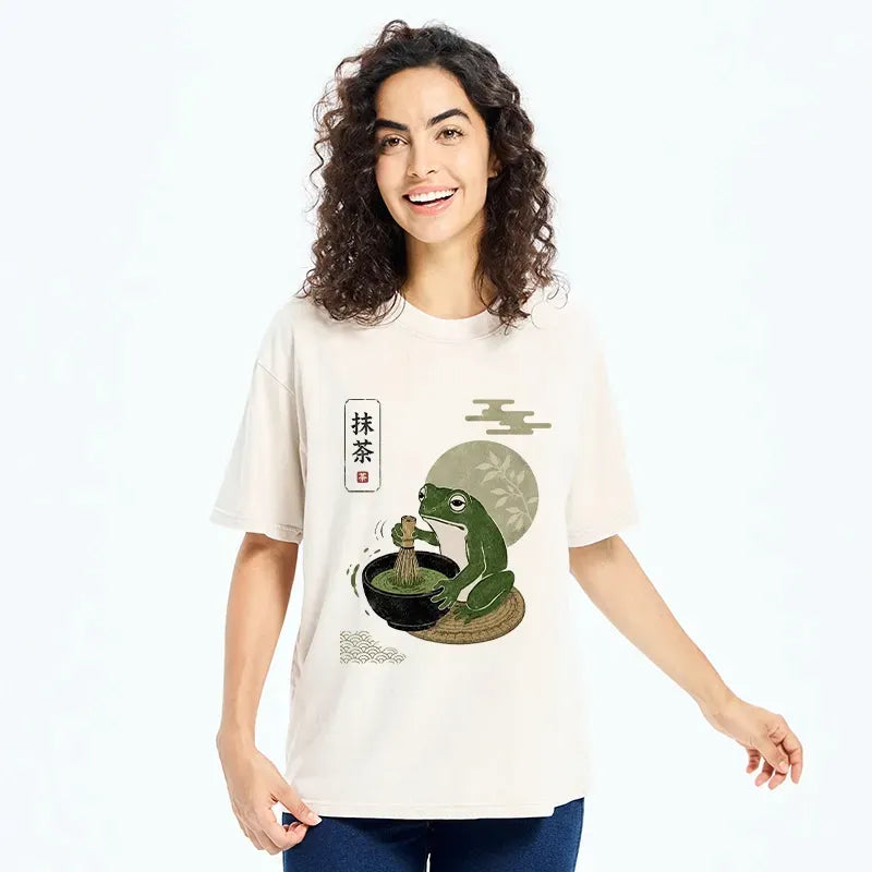 Kyoto-Lion Funny Meme Frog Makes Fresh Matcha Bowl Washed T-Shirt