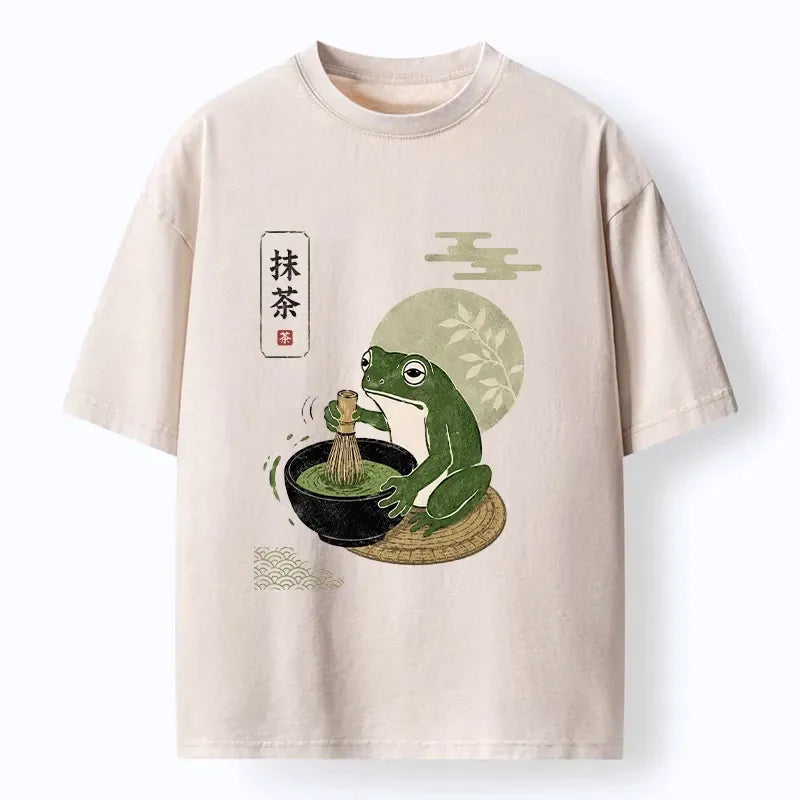 Kyoto-Lion Funny Meme Frog Makes Fresh Matcha Bowl Washed T-Shirt