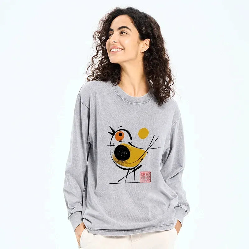 Kyoto-Lion Aesthetic Yellow And Black Bird Washed Long Sleeve T-Shirt