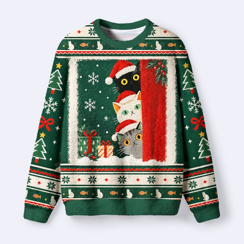 Kyoto-Lion Funny Peeking Cats Fuzzy Christmas Ugly Sweatshirt