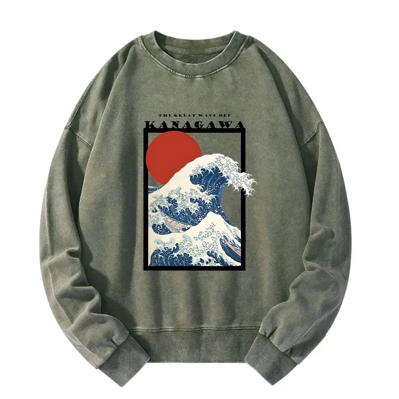 Kyoto-Lion Minimalist Ukiyo-e Waves Washed Sweatshirt