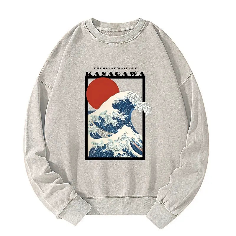 Kyoto-Lion Minimalist Ukiyo-e Waves Washed Sweatshirt