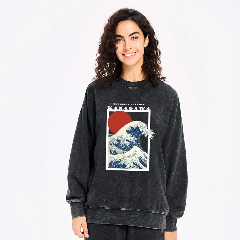 Kyoto-Lion Minimalist Ukiyo-e Waves Washed Sweatshirt