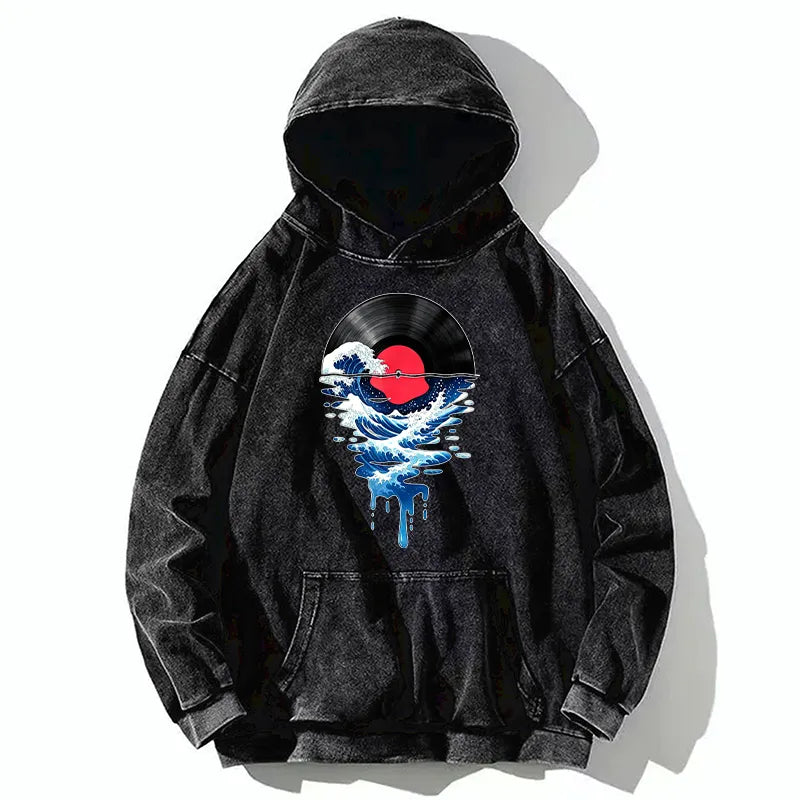 Kyoto-Lion Vinyl Records And Waves Washed Hoodie