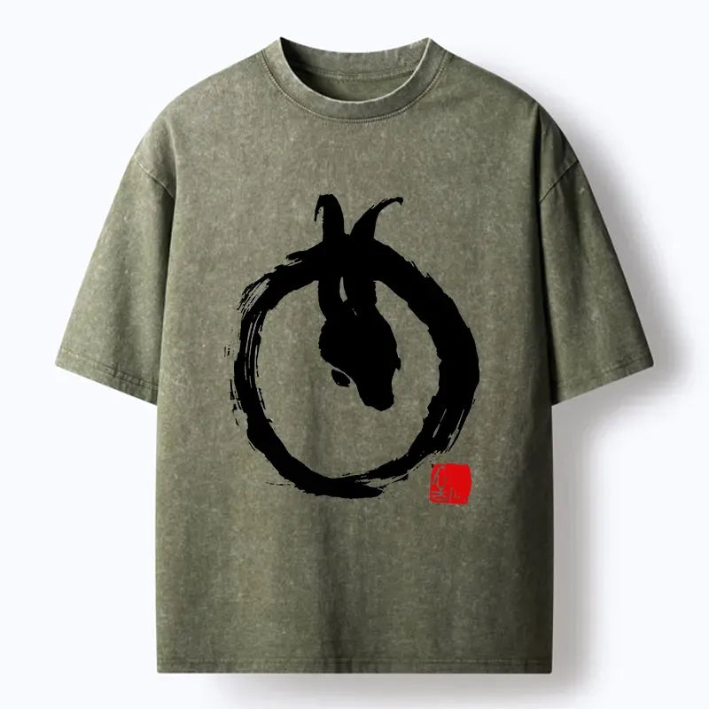 Kyoto-Lion Ink Painting Zen Enso Rabbit Washed T-Shirt