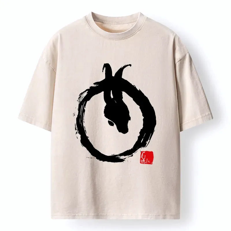 Kyoto-Lion Ink Painting Zen Enso Rabbit Washed T-Shirt