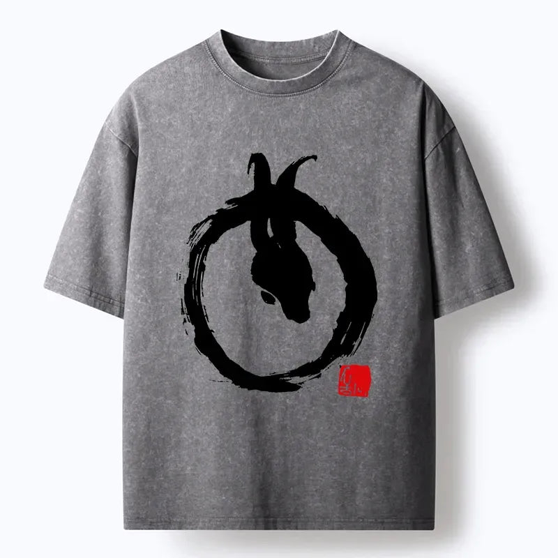 Japanese Zen Rabbit Washed T-Shirt for Daily Wear