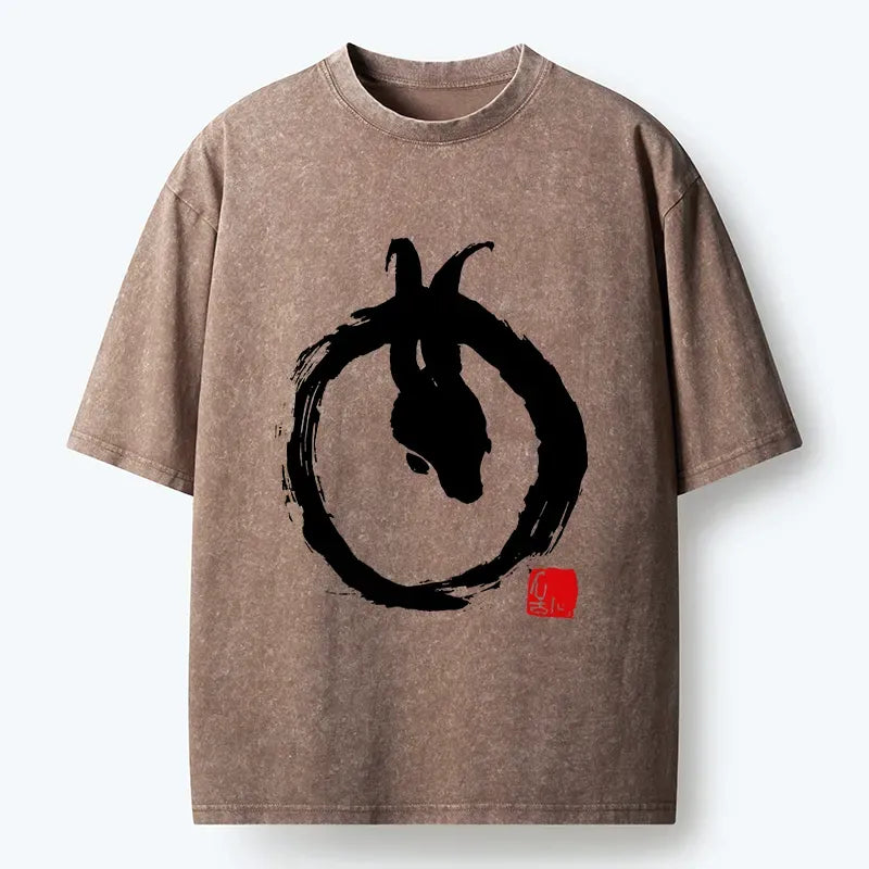 Kyoto-Lion Ink Painting Zen Enso Rabbit Washed T-Shirt