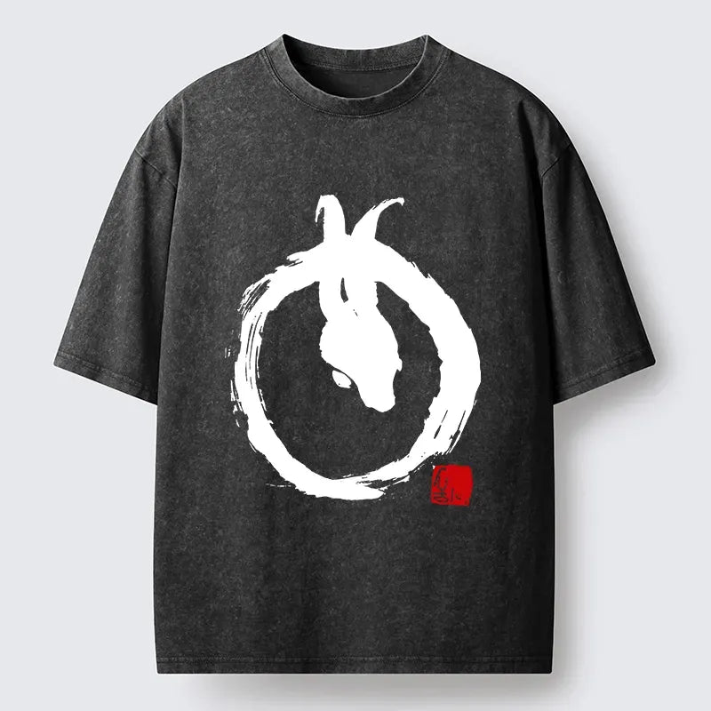 Kyoto-Lion Ink Painting Zen Enso Rabbit Washed T-Shirt