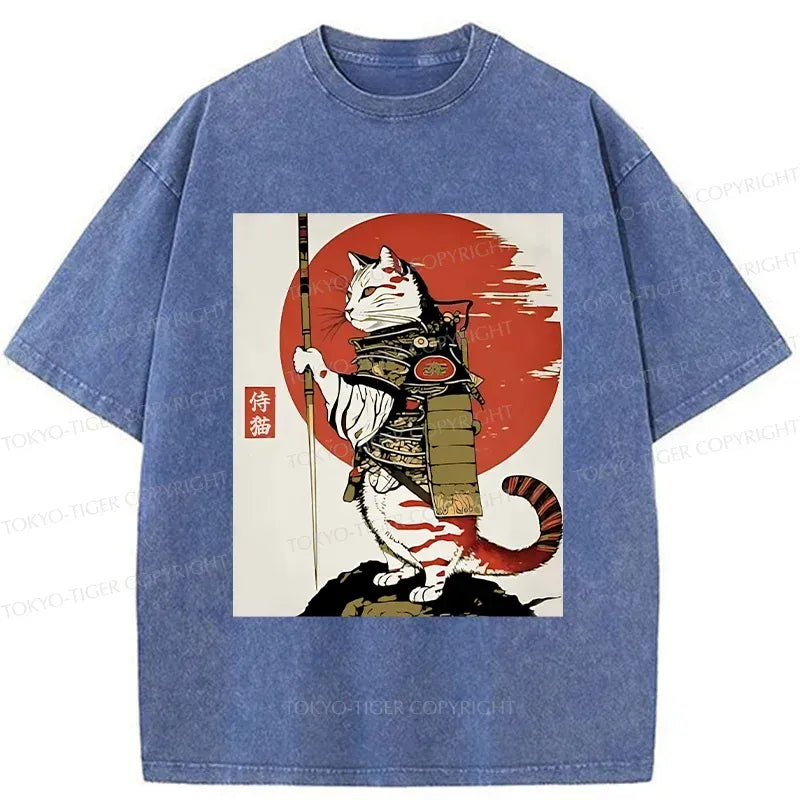 Kyoto-Lion Samurai Cat Holding Sword Washed T-Shirt