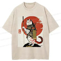 Kyoto-Lion Samurai Cat Holding Sword Washed T-Shirt