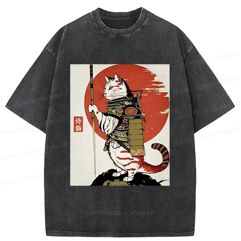Kyoto-Lion Samurai Cat Holding Sword Washed T-Shirt