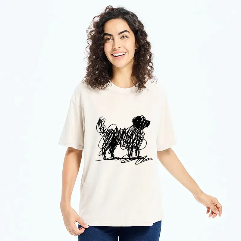 Kyoto-Lion Scribble Dog Art Funny Vibe Washed T-Shirt