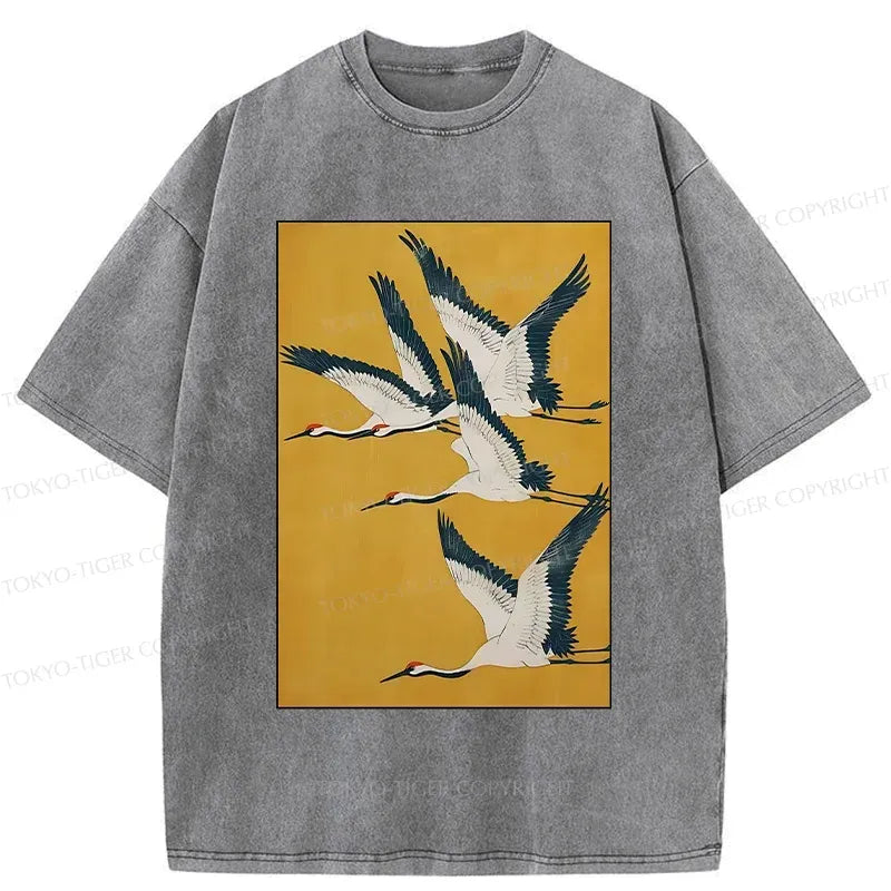Kyoto-Lion Vintage Cranes Painting Washed T-Shirt