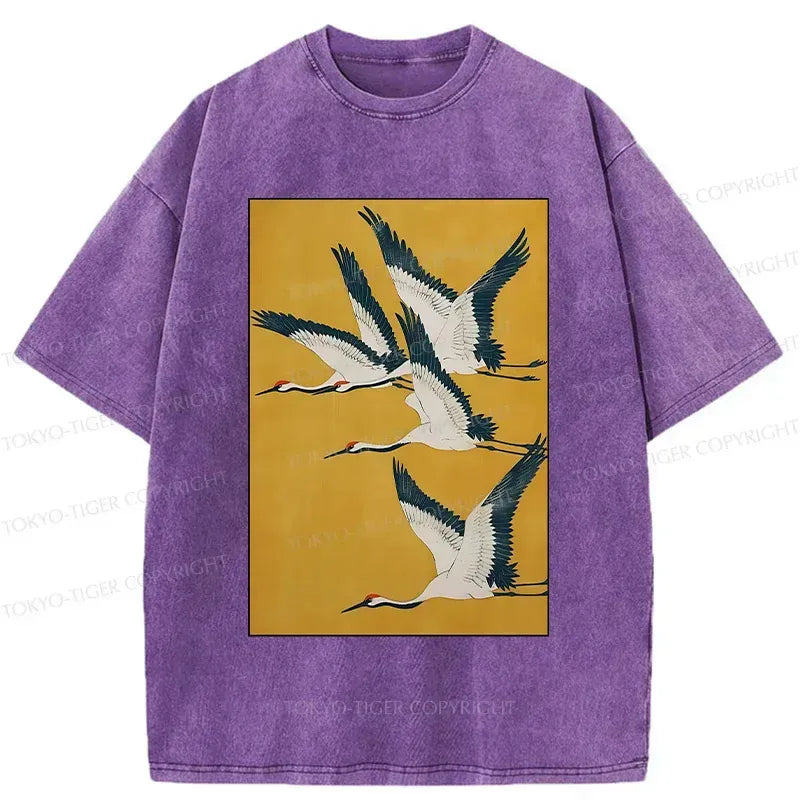 Kyoto-Lion Vintage Cranes Painting Washed T-Shirt