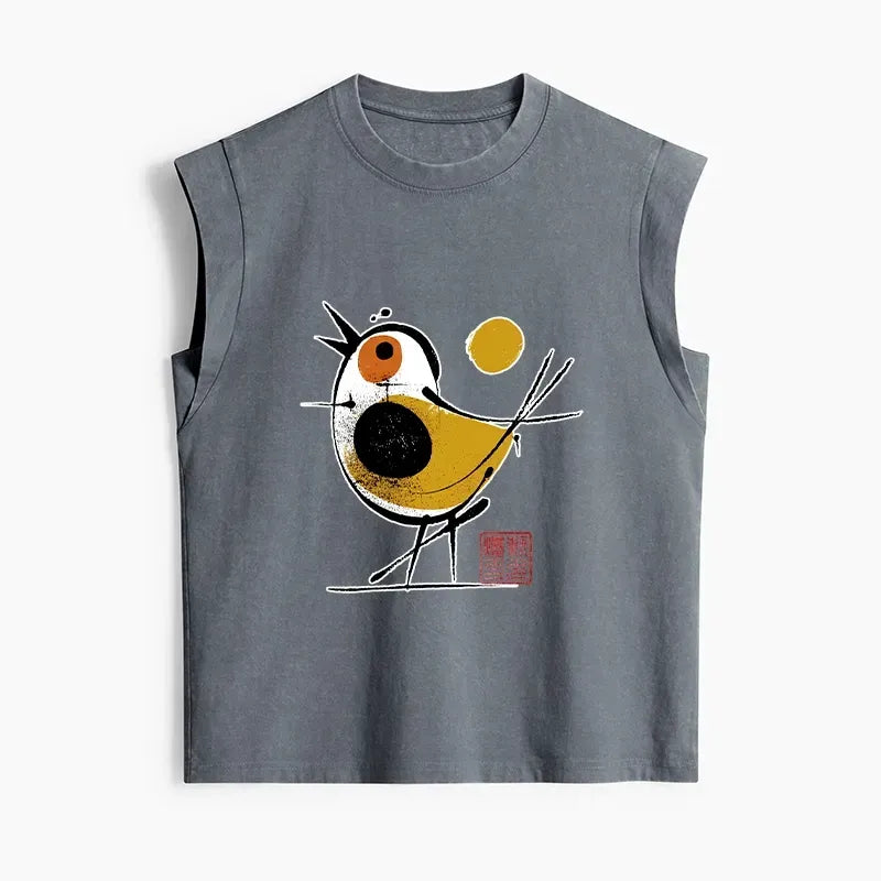 japanese aesthetic bird washed tank top for women