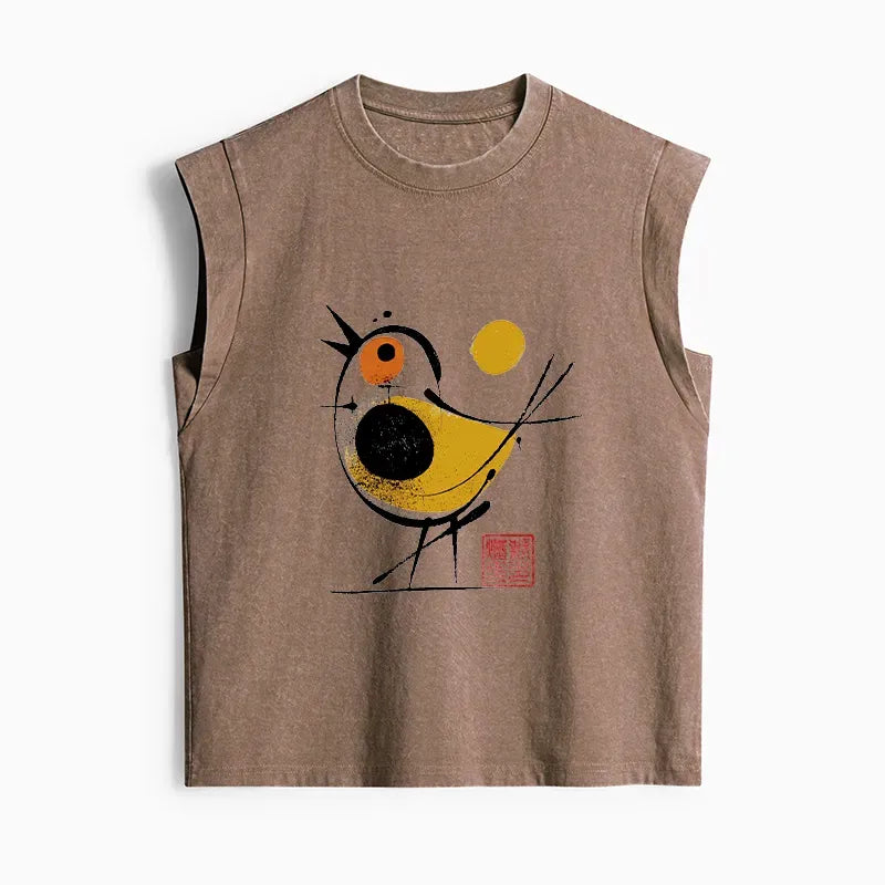 Kyoto-Lion Aesthetic Yellow And Black Bird Women's Washed Tank Tops
