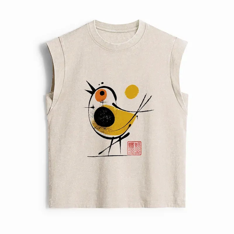 Kyoto-Lion Aesthetic Yellow And Black Bird Women's Washed Tank Tops