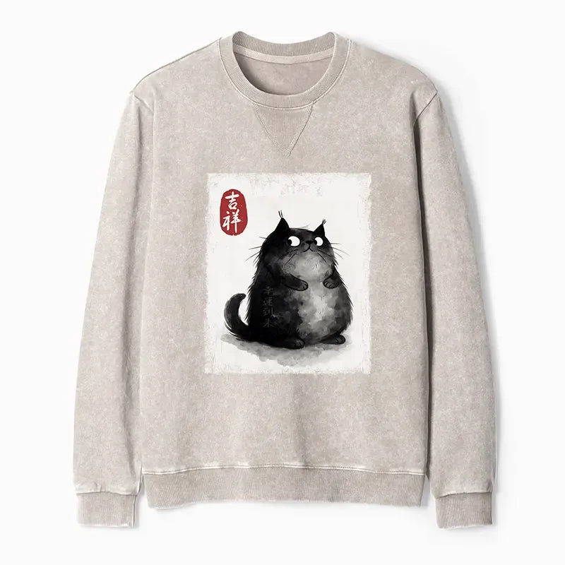washed black cat sweatshirt for daily wear