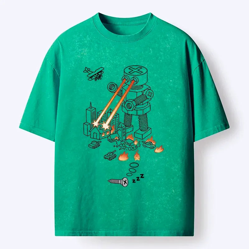 Funny Robot Destroying City Washed T-Shirt