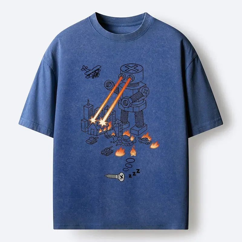 Kyoto-Lion Funny Screw Robot Destroying City Washed T-Shirt