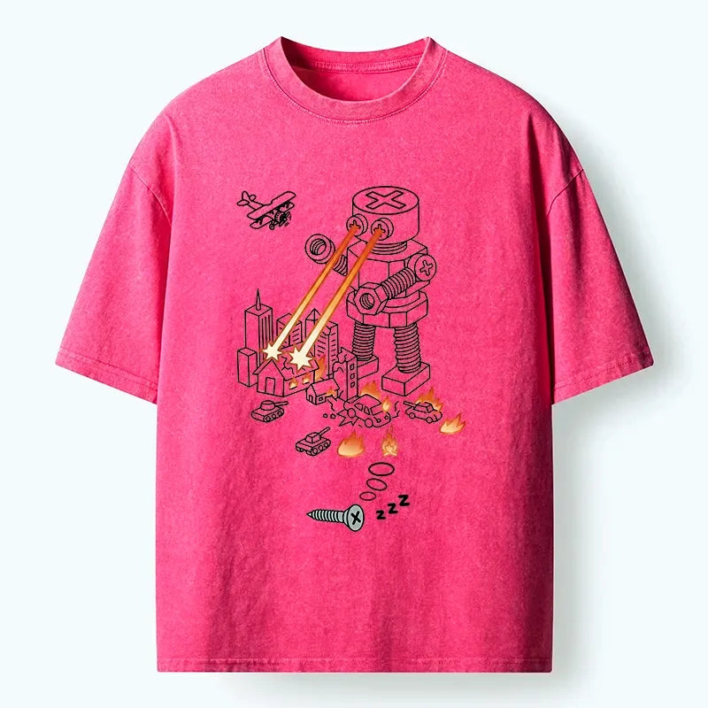 Kyoto-Lion Funny Screw Robot Destroying City Washed T-Shirt