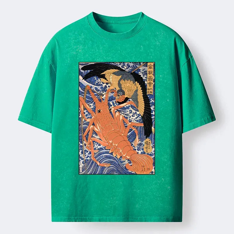 Kyoto-Lion Ukiyo-e Lobster Washed T-Shirt