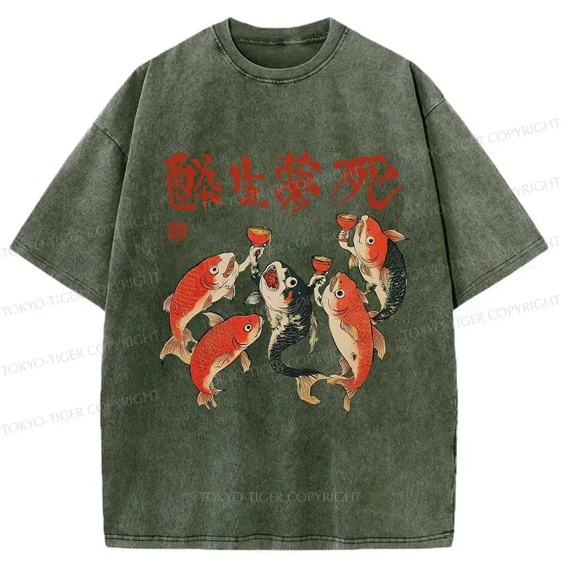 Kyoto-Lion Funny Fish Drink Together Washed T-Shirt
