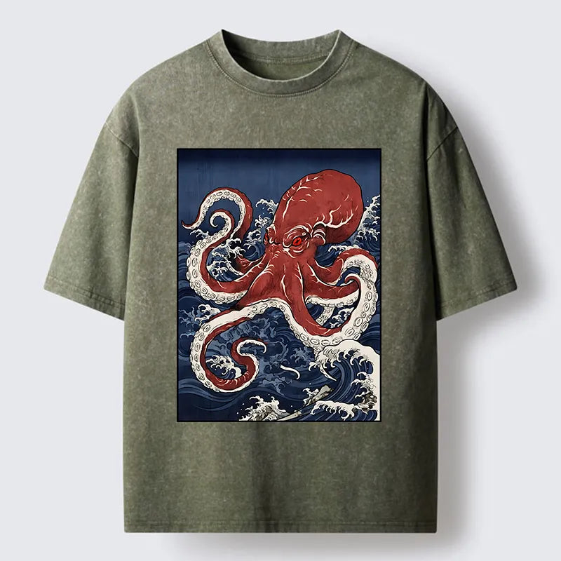 Kyoto-Lion Japanese Octopus Wave Washed T-Shirt