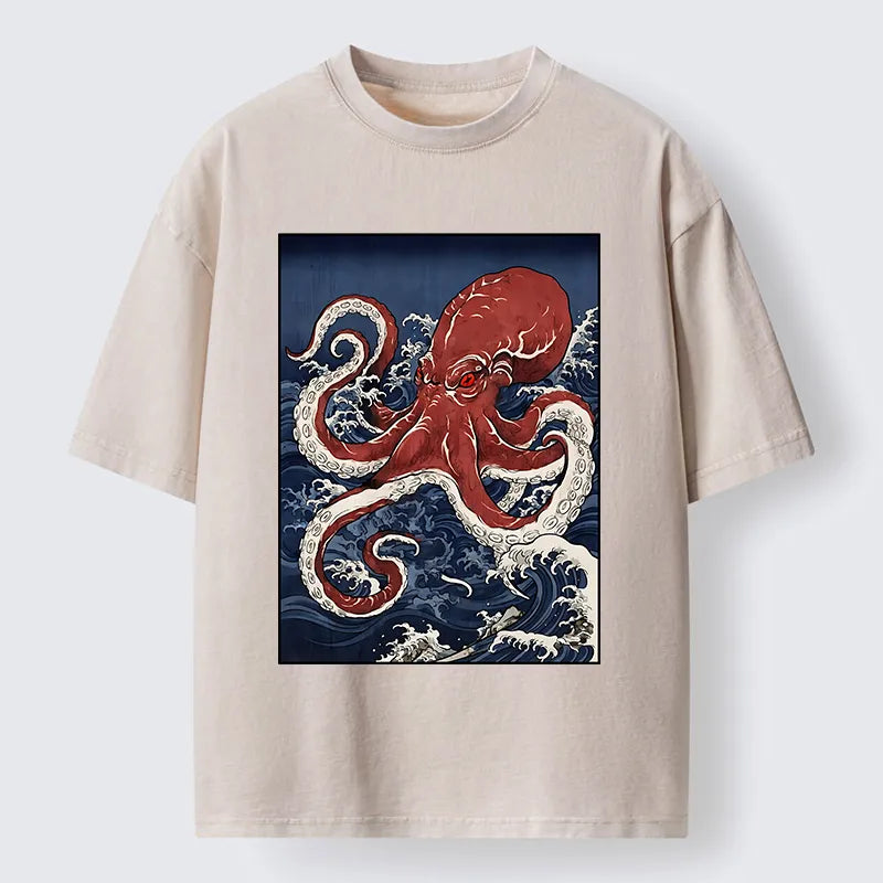 Kyoto-Lion Japanese Octopus Wave Washed T-Shirt