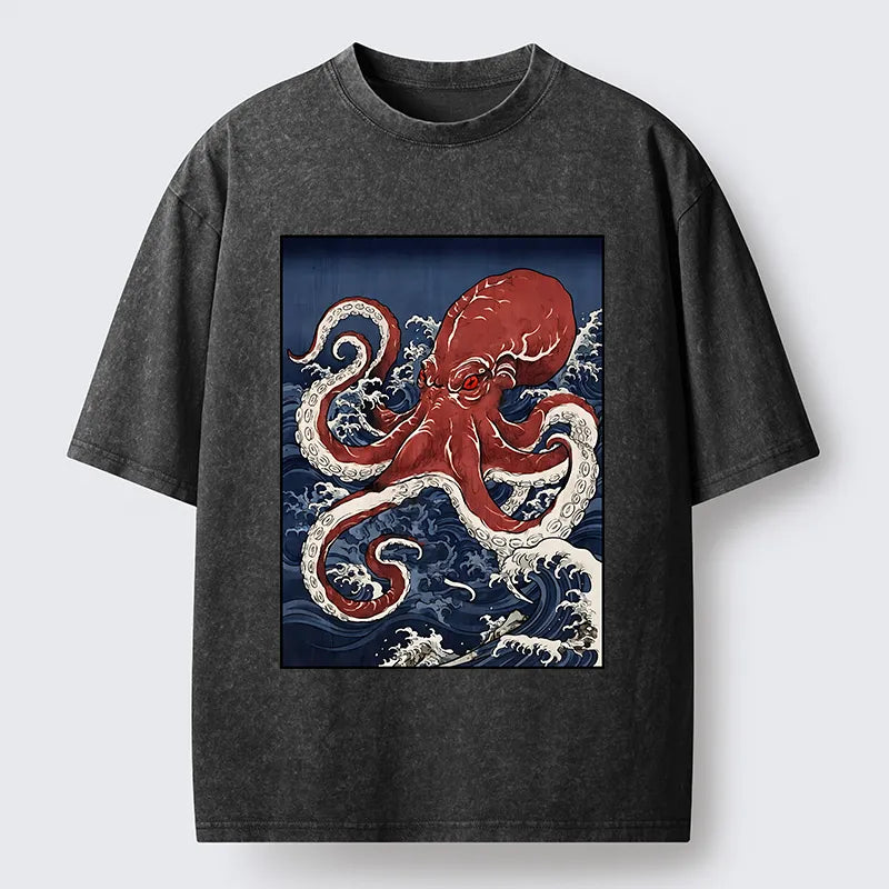 Kyoto-Lion Japanese Octopus Wave Washed T-Shirt