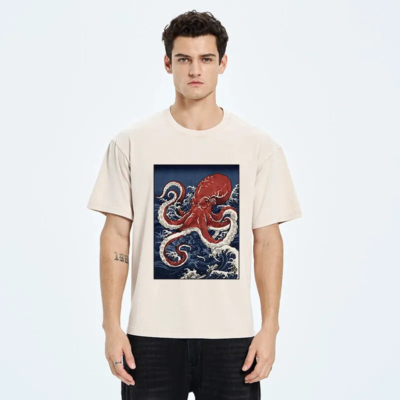 Kyoto-Lion Japanese Octopus Wave Washed T-Shirt