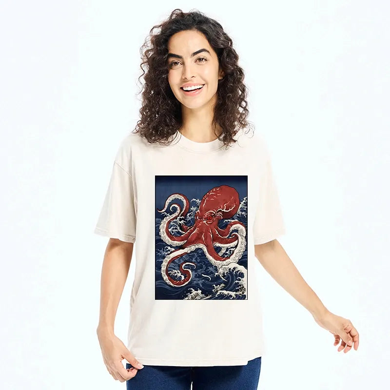 Kyoto-Lion Japanese Octopus Wave Washed T-Shirt
