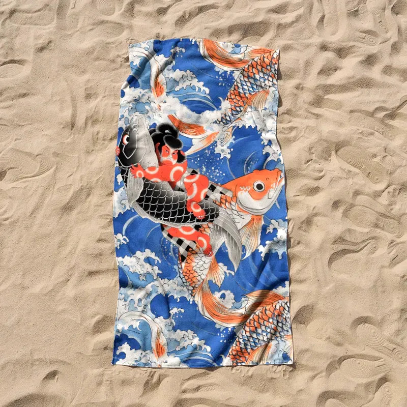 Kyoto-Lion Sumo Wrestler Holding A Koi Beach Towel