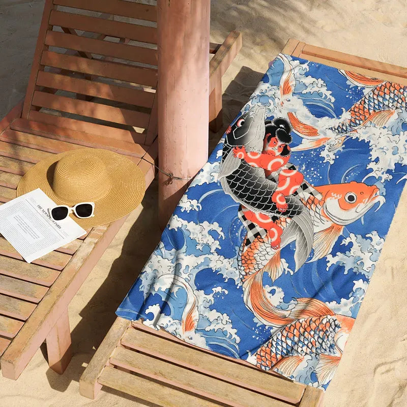 Kyoto-Lion Sumo Wrestler Holding A Koi Beach Towel