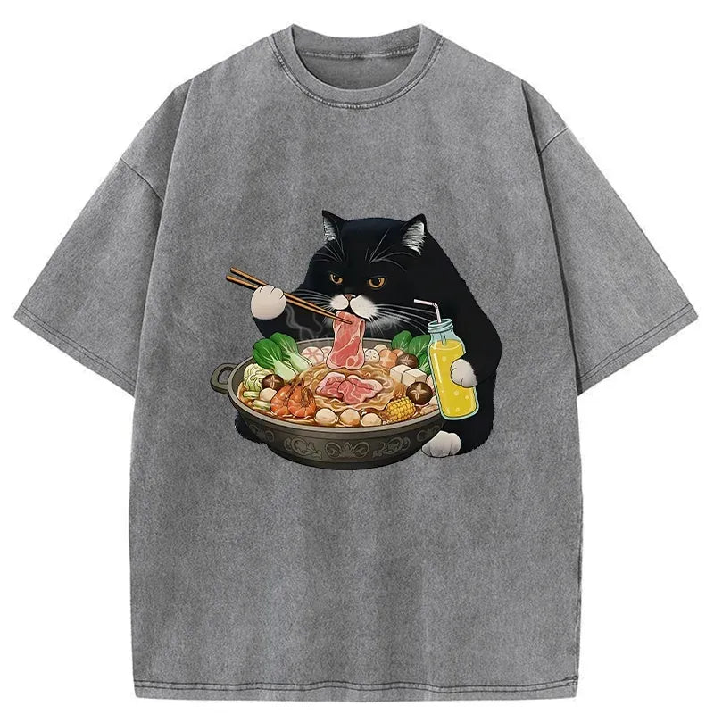 Kyoto-Lion Black Cat Eating Hot Pot Washed T-Shirt