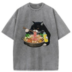 Kyoto-Lion Black Cat Eating Hot Pot Washed T-Shirt