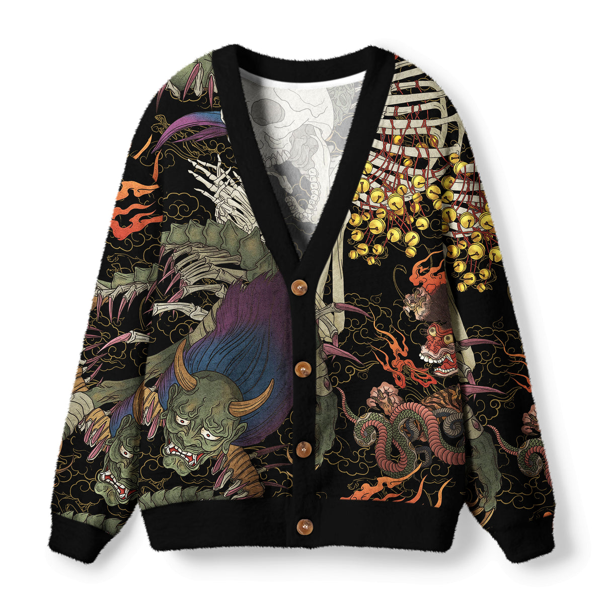 Kyoto-Lion Japanese Yokai And Skeletons Ugly Cardigan Sweater