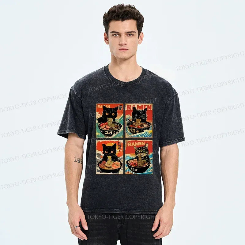 Japanese cat ramen washed t-shirt