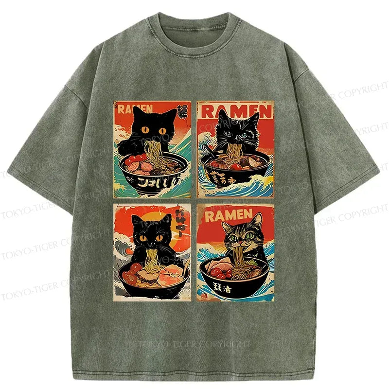 Kyoto-Lion Four Cats Eating Ramen Washed T-Shirt