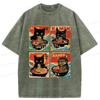 Kyoto-Lion Four Cats Eating Ramen Washed T-Shirt