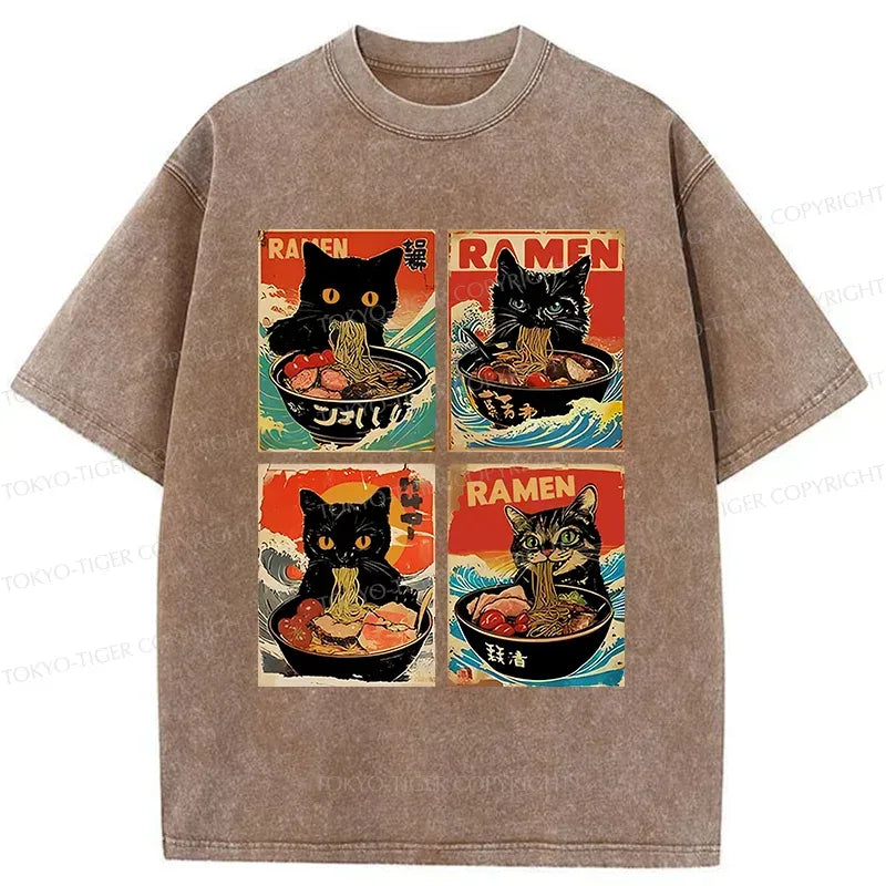 Kyoto-Lion Four Cats Eating Ramen Washed T-Shirt