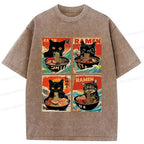 Kyoto-Lion Four Cats Eating Ramen Washed T-Shirt