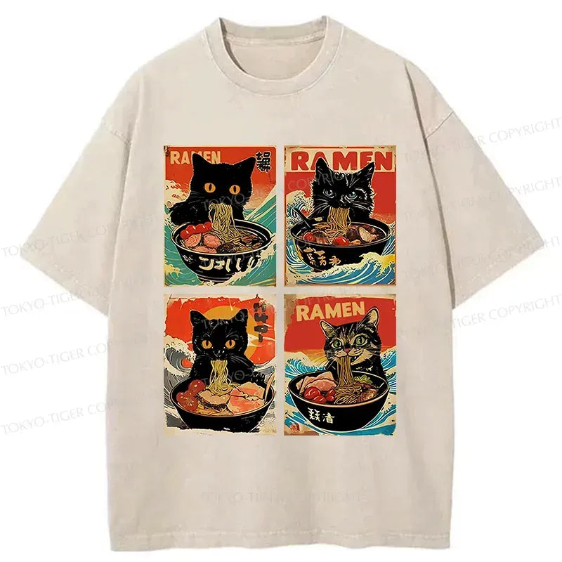 Kyoto-Lion Four Cats Eating Ramen Washed T-Shirt