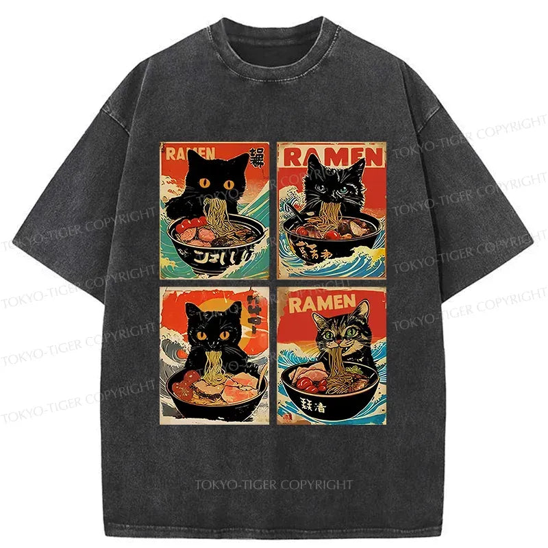 Kyoto-Lion Four Cats Eating Ramen Washed T-Shirt