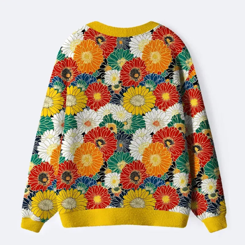 Kyoto-Lion Colorful Chrysanthemums Ugly Cardigan Sweater