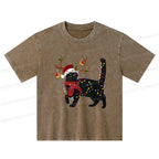 Kyoto-Lion Christmas Black Cat Kids Washed T-Shirt