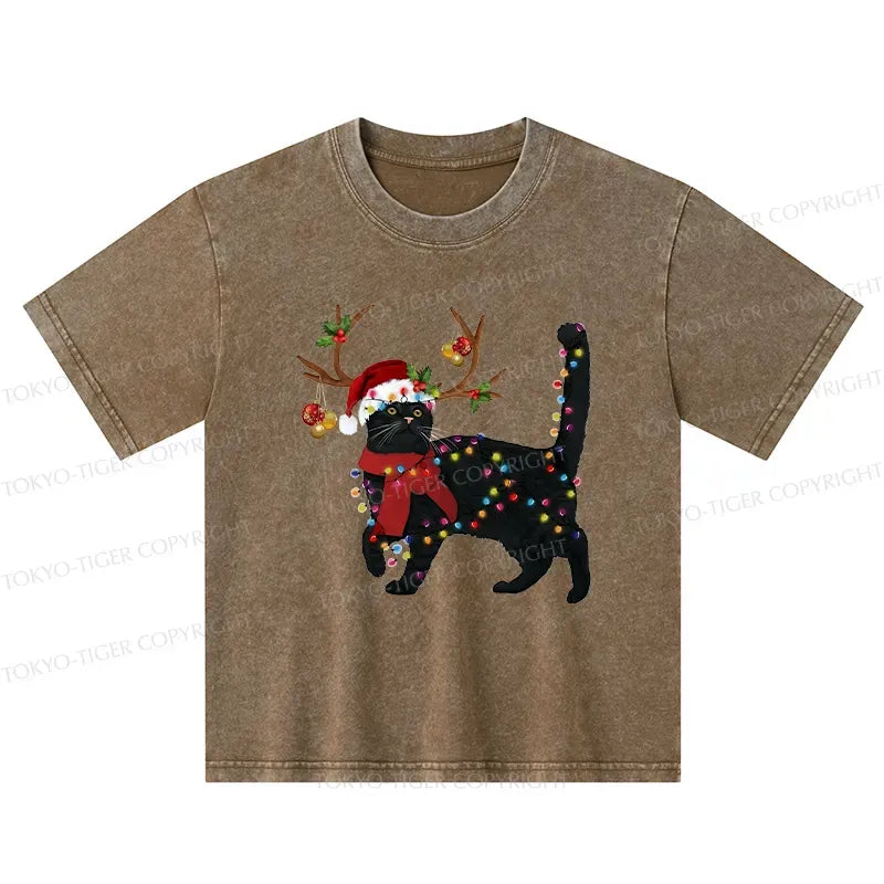 Kyoto-Lion Christmas Black Cat Kids Washed T-Shirt